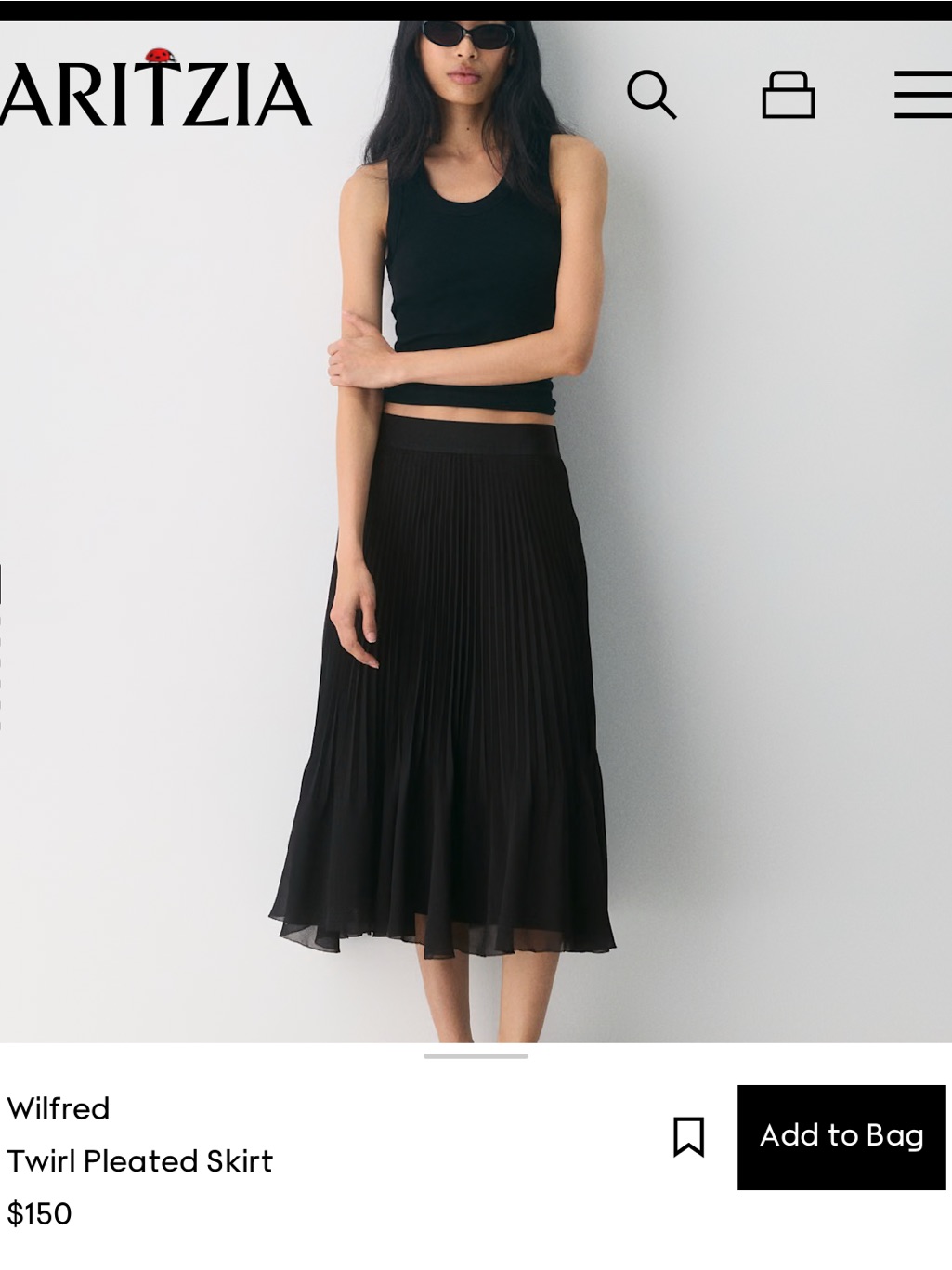 Aritzia Wilfred Black Twirl Pleated Midi Skirt